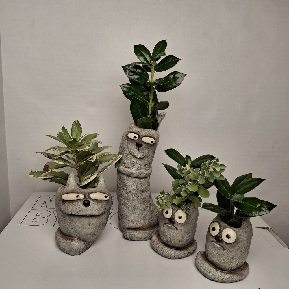 Blobhouse Indoor Miniature Cats Planter Vase (4) Gray Monsters Gesine Kratzner